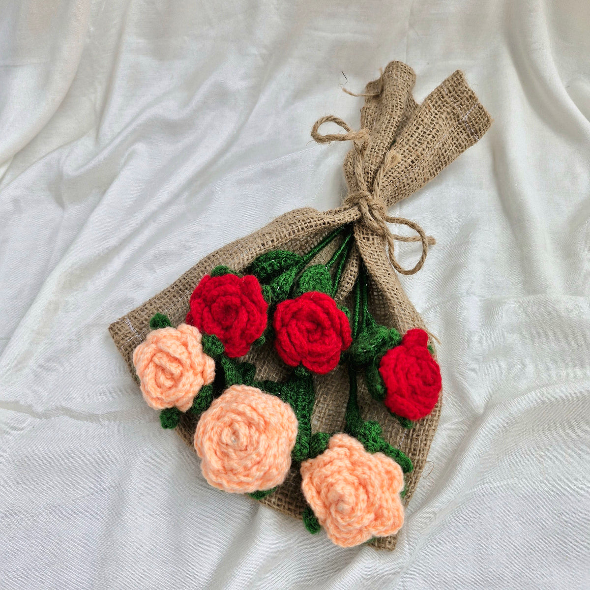 Handmade Flower Bouquet Set Of 3 Peach Rose And 3 Red Rose