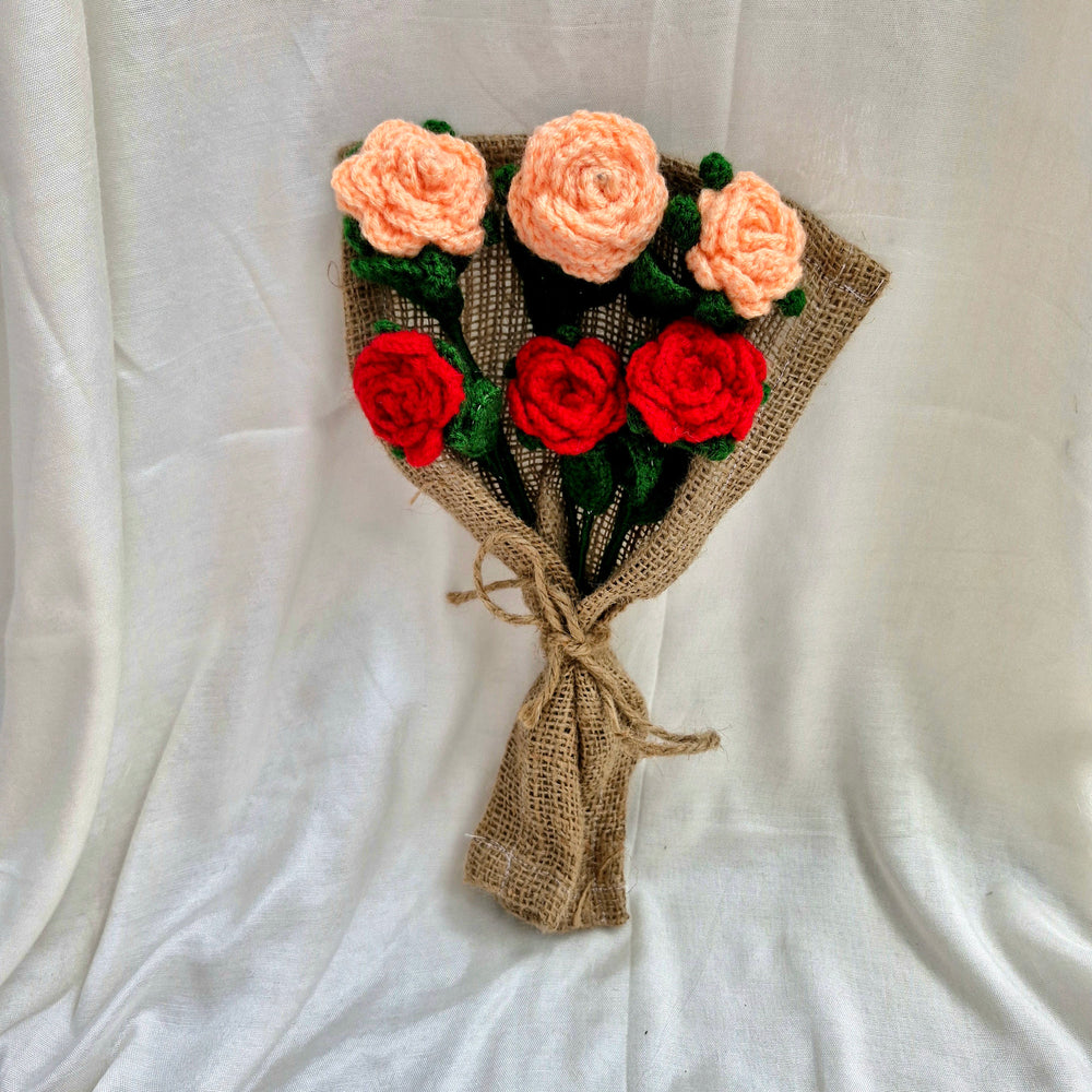 Handmade Flower Bouquet Set Of 3 Peach Rose And 3 Red Rose