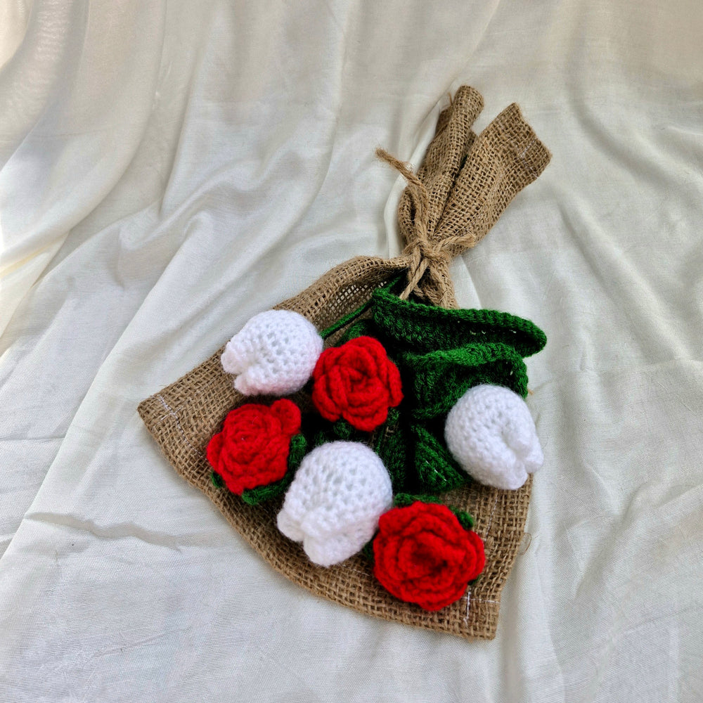 Handmade Flower Bouquet Set Of 3 Red Rose Flower And 3 White Tulip Flower