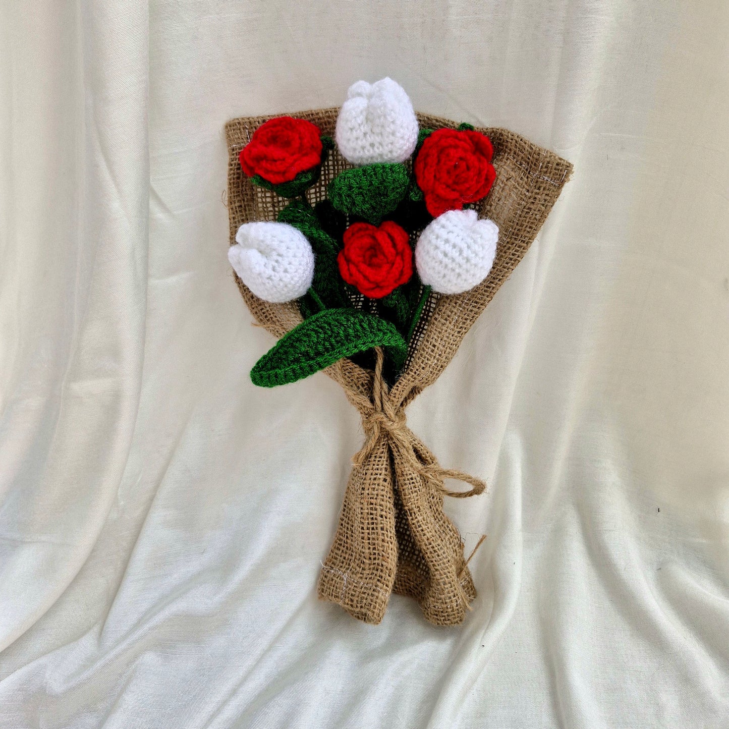 Handmade Flower Bouquet Set Of 3 Red Rose Flower And 3 White Tulip Flower