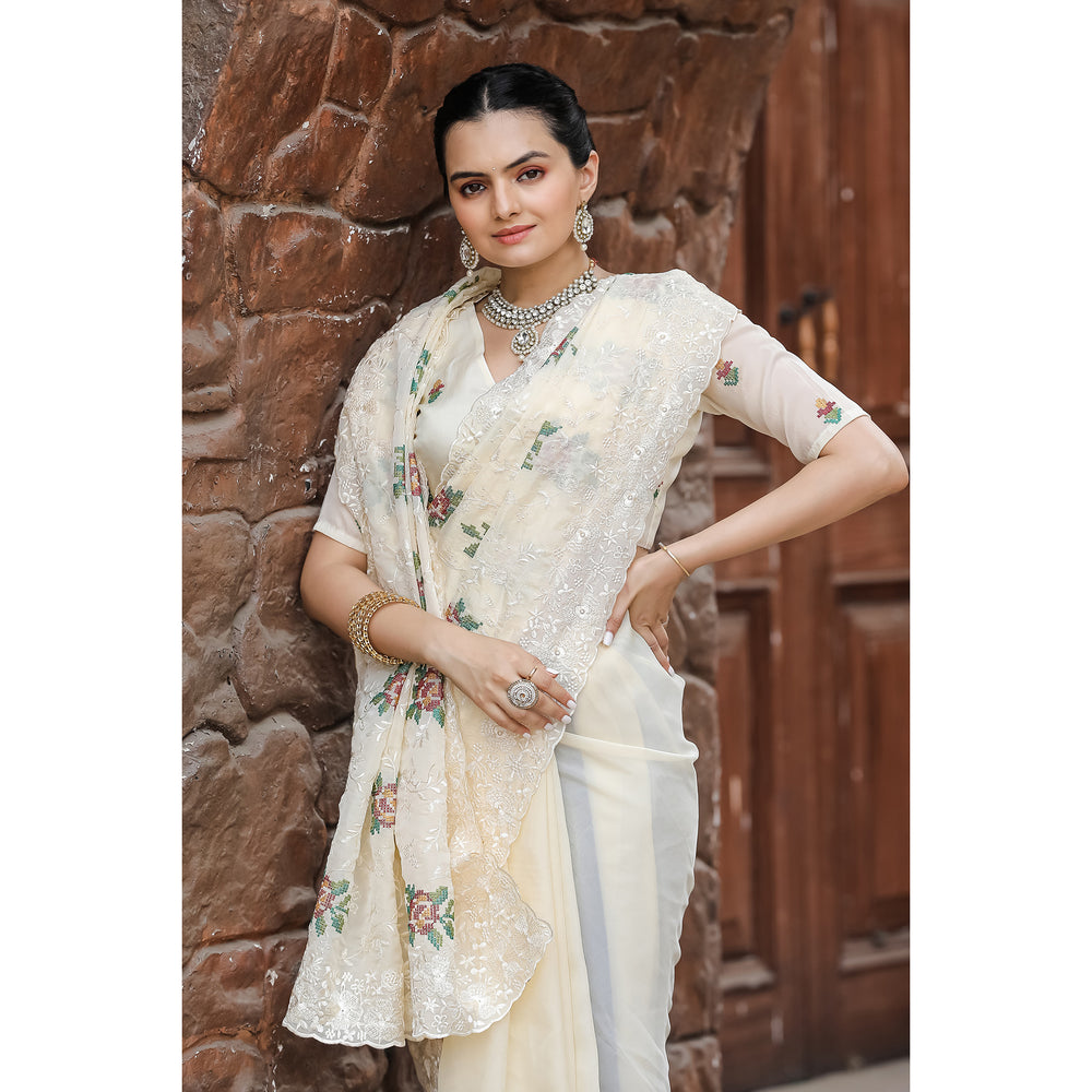 Ankita Cream Chiffon Handwork Saree