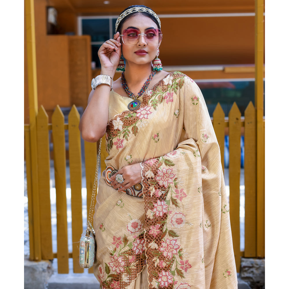 Apeksha Cream Silk Handwork Saree