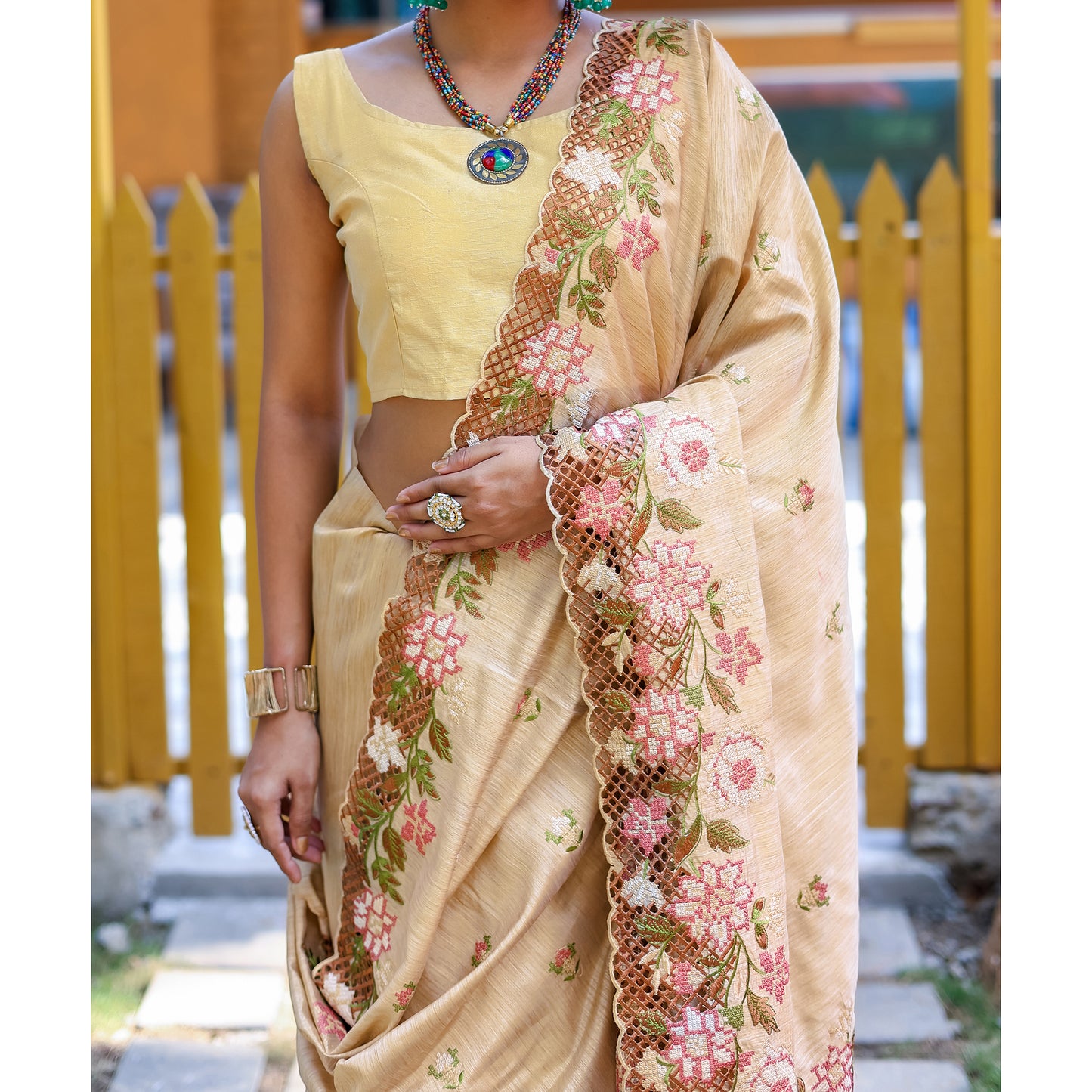 Apeksha Cream Silk Handwork Saree