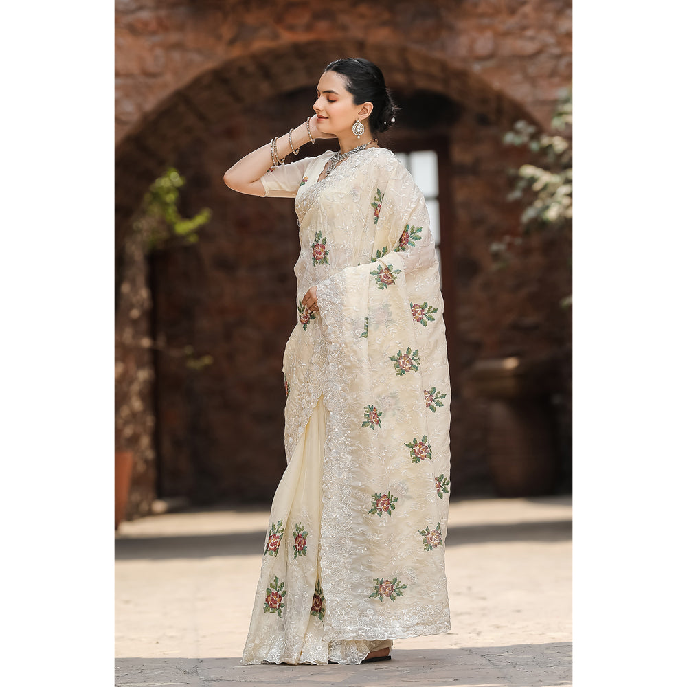 Ankita Cream Chiffon Handwork Saree