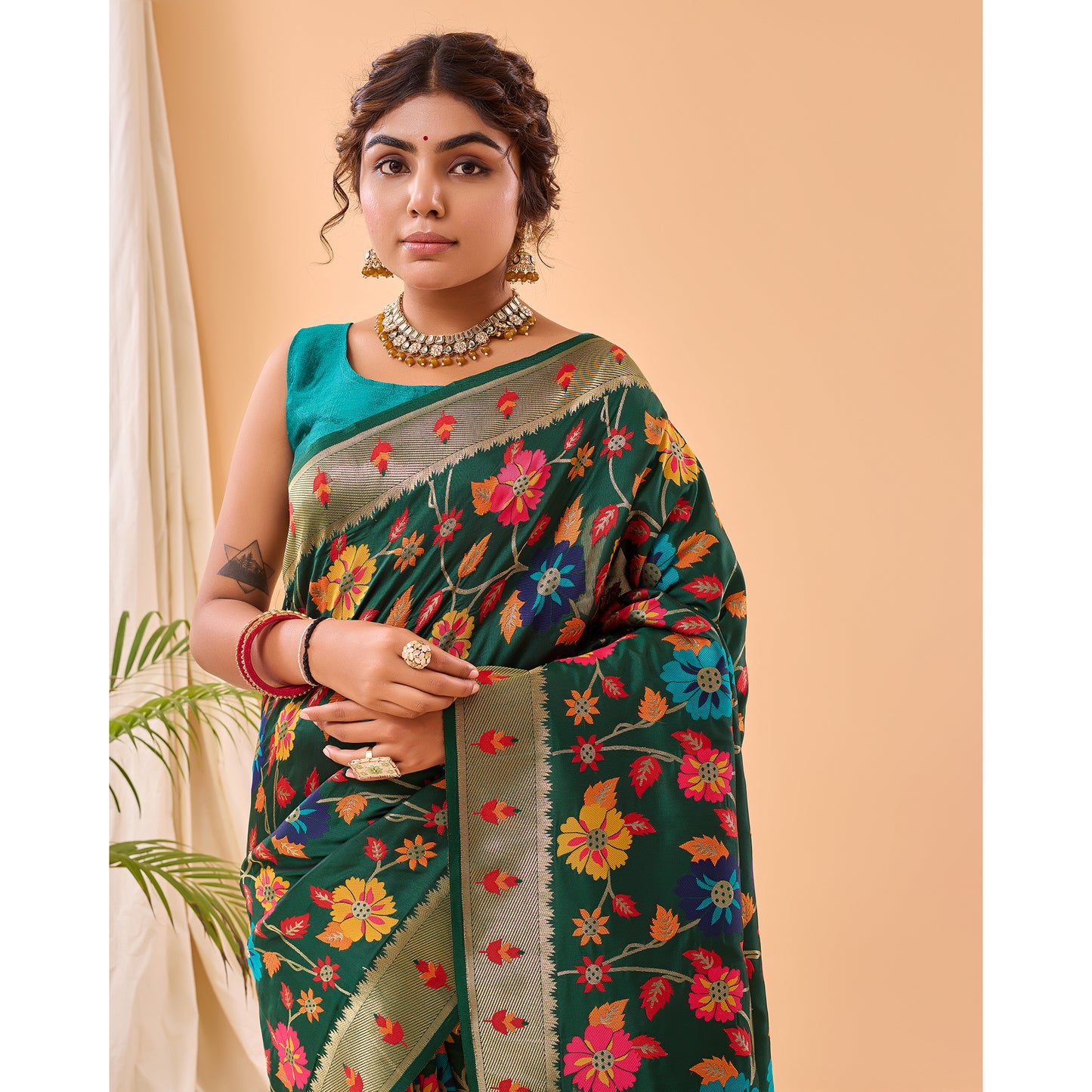 Radhika Dark Green Paithani Silk Handwork Saree