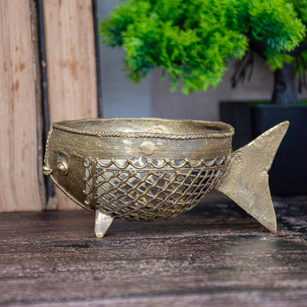 Dhokra Art Brass Metal Fish Shaped Pen Stand