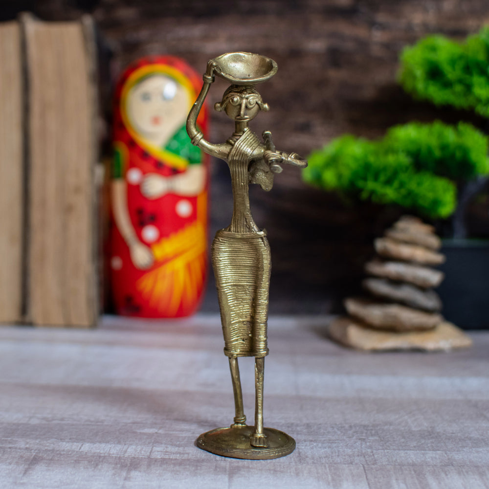 Dhokra Art Brass Metal Farmer Women with Hoe and Basket