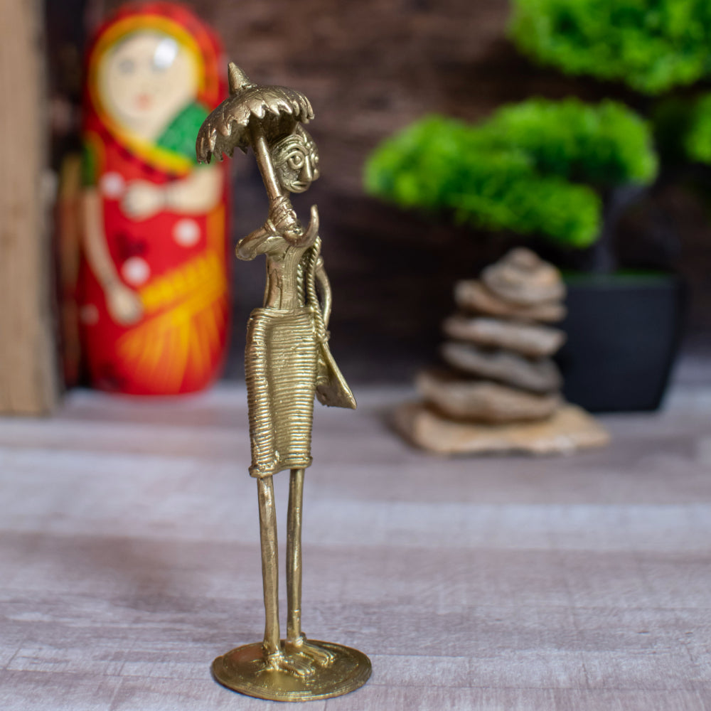 Dhokra Art Brass Metal Woman with Umbrella