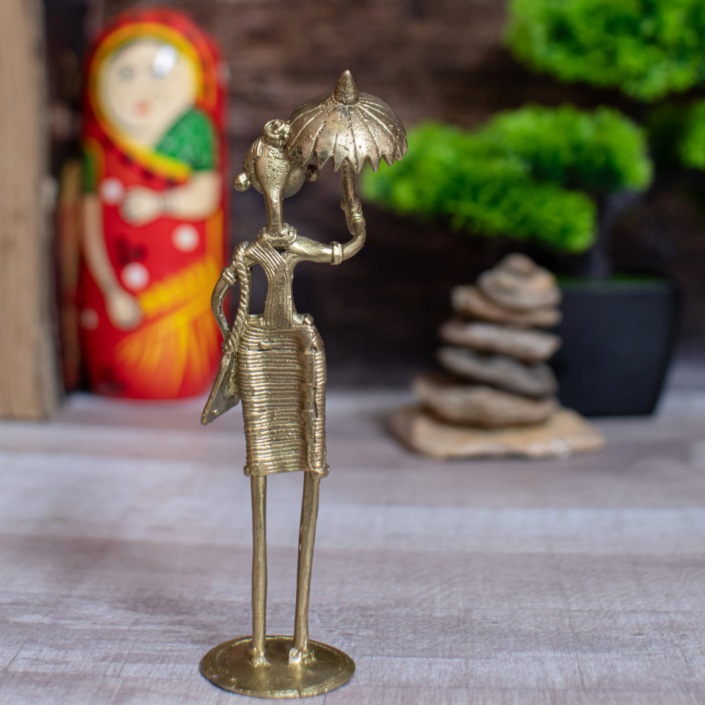 Dhokra Art Brass Metal Woman with Umbrella