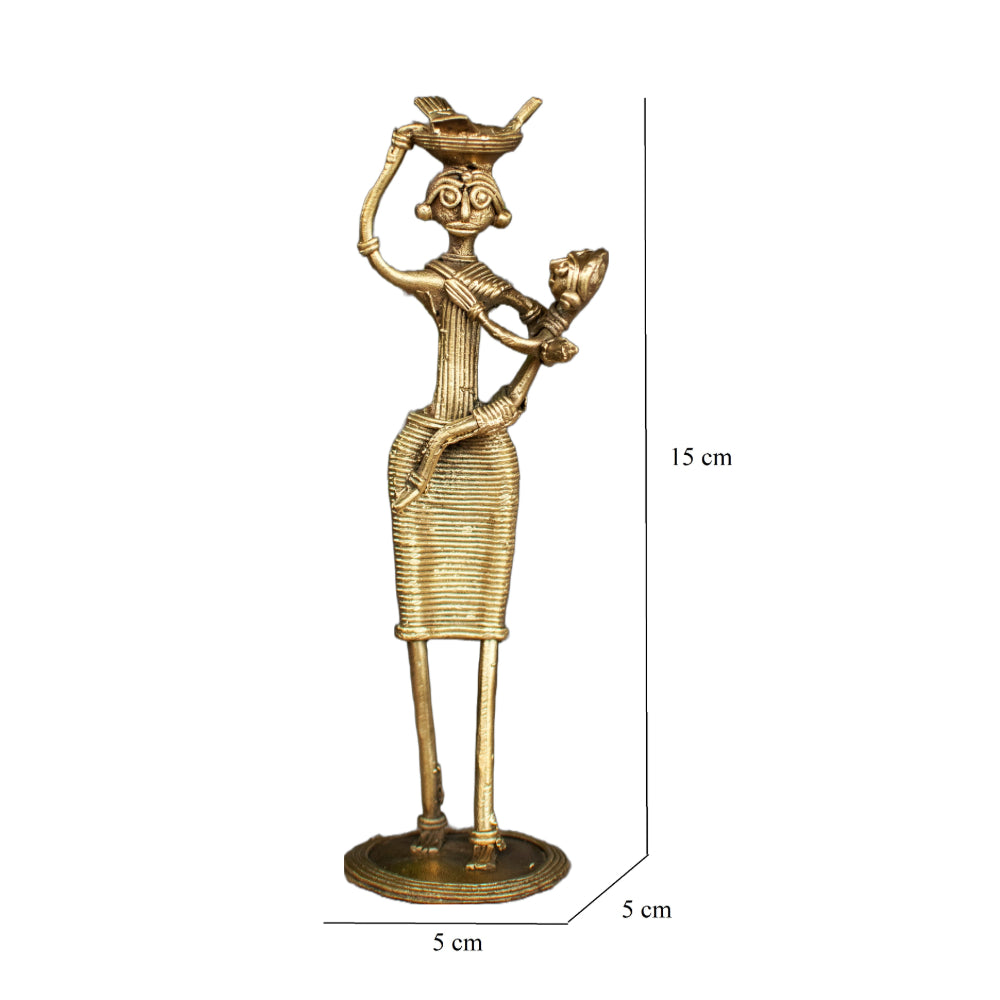 Dhokra Art Brass Metal Woman with Baby and Fish Basket