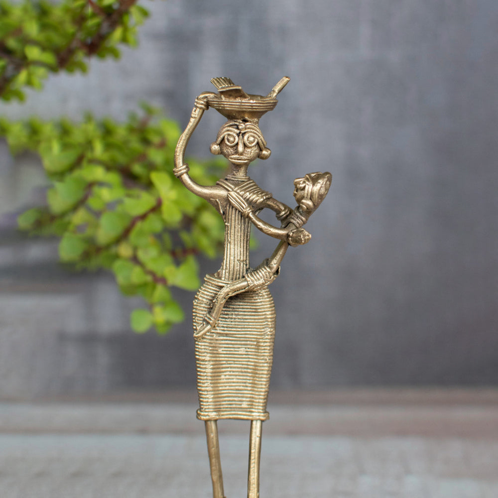 Dhokra Art Brass Metal Woman with Baby and Fish Basket