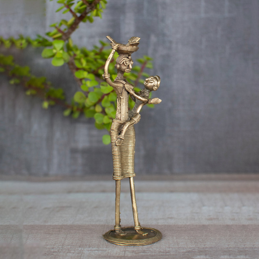 Dhokra Art Brass Metal Woman with Baby and Fish Basket