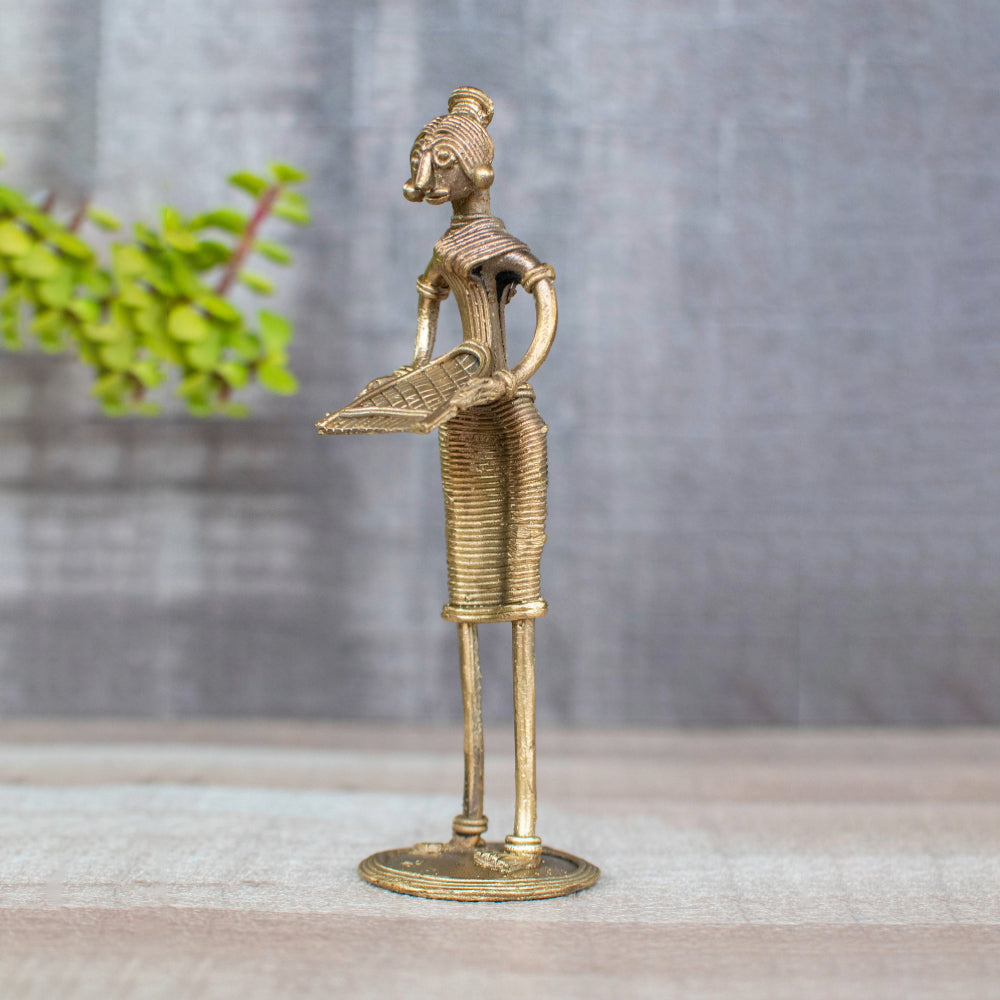 Dhokra Art Brass Metal Farmer Woman with Winnowing Basket