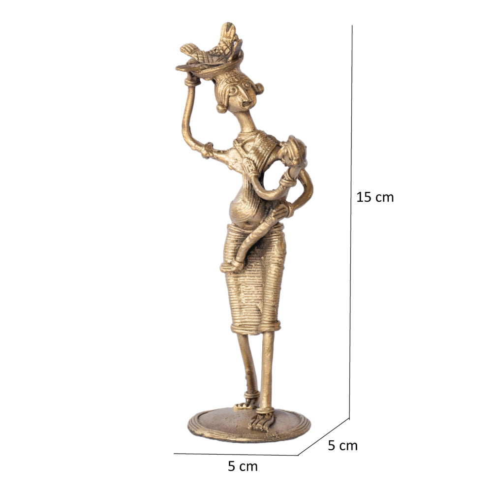 Dhokra Art Brass Metal Woman with Baby and Fish Basket