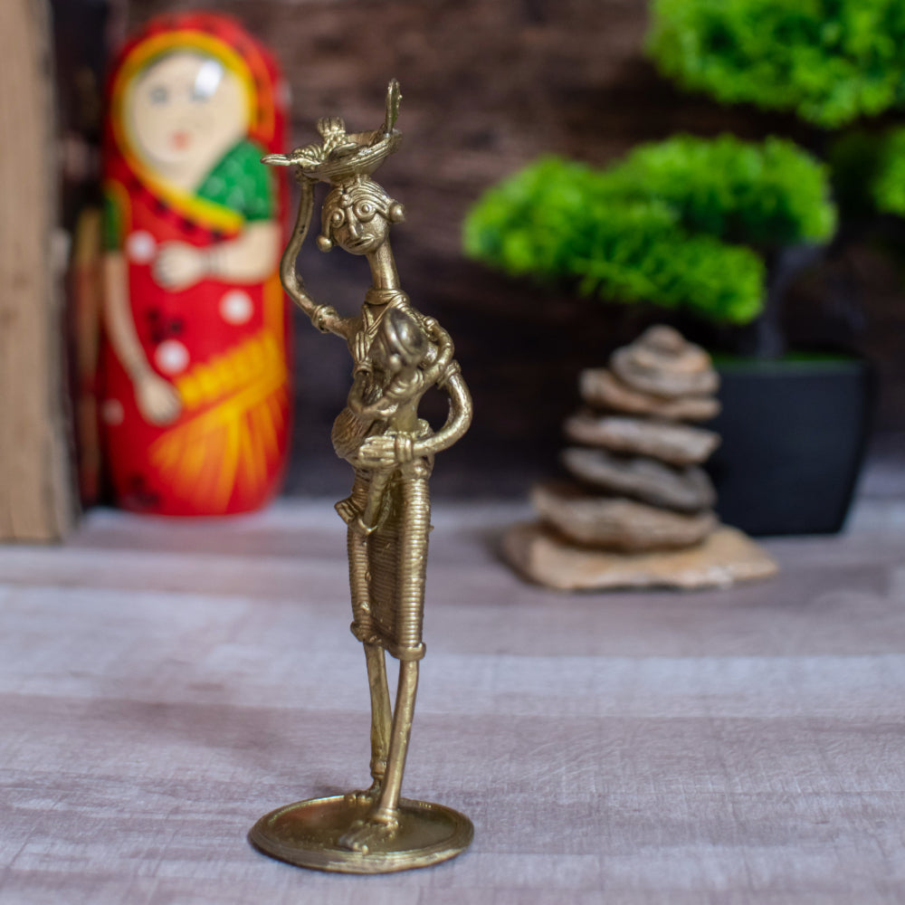 Dhokra Art Brass Metal Woman with Baby and Fish Basket