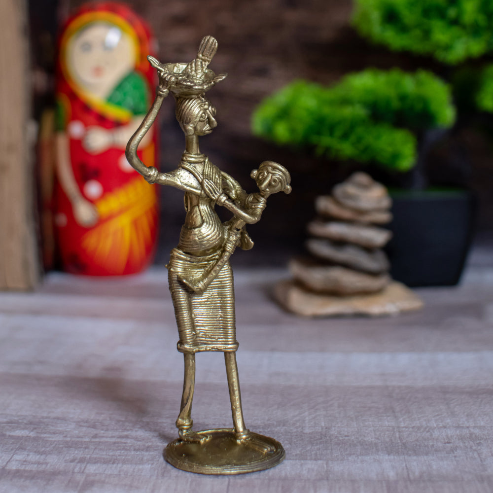 Dhokra Art Brass Metal Woman with Baby and Fish Basket