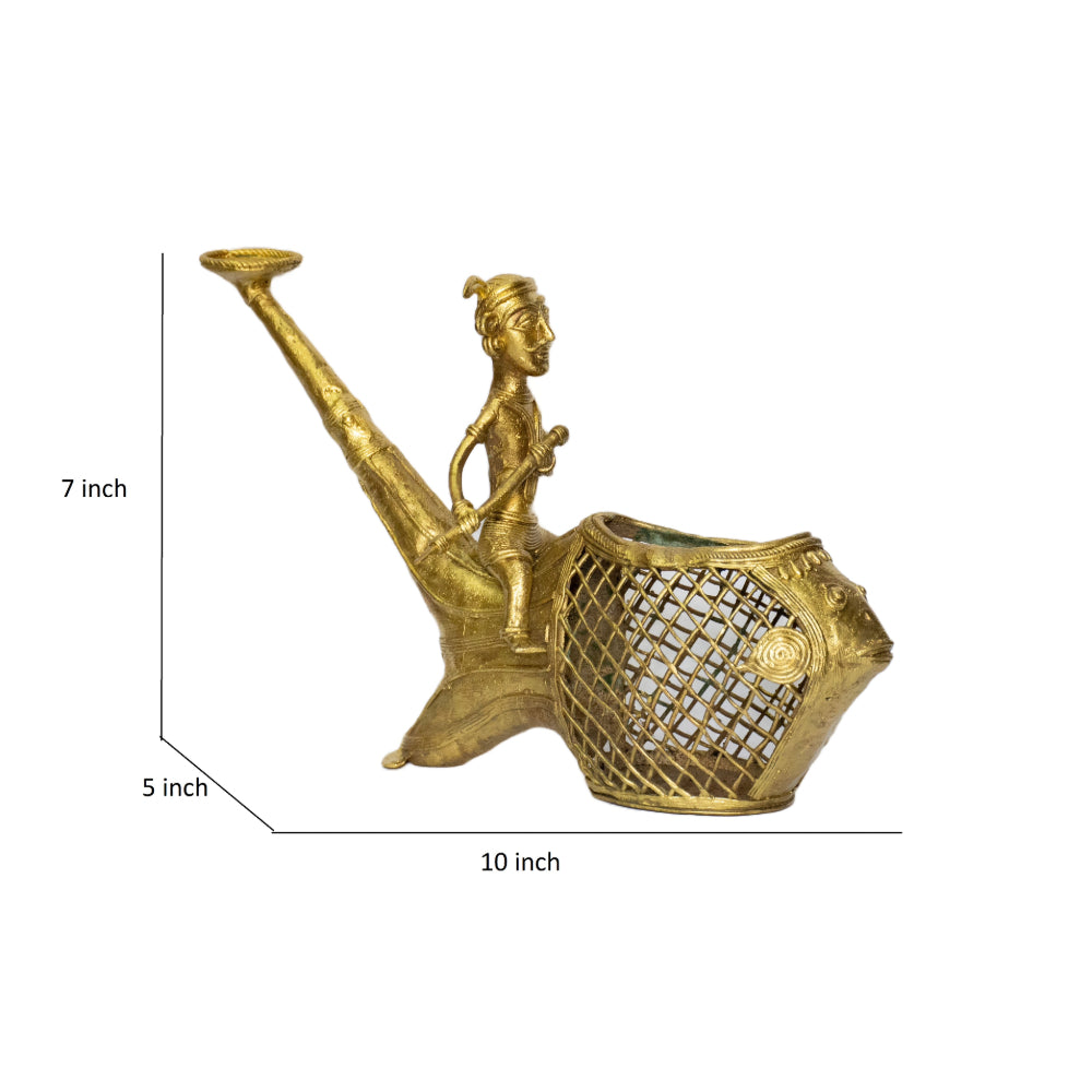 Dhokra Art Brass Metal Fish Shaped Boat Penstand