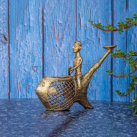 Dhokra Art Brass Metal Fish Shaped Boat Penstand