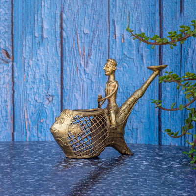 Dhokra Art Brass Metal Fish Shaped Boat Penstand