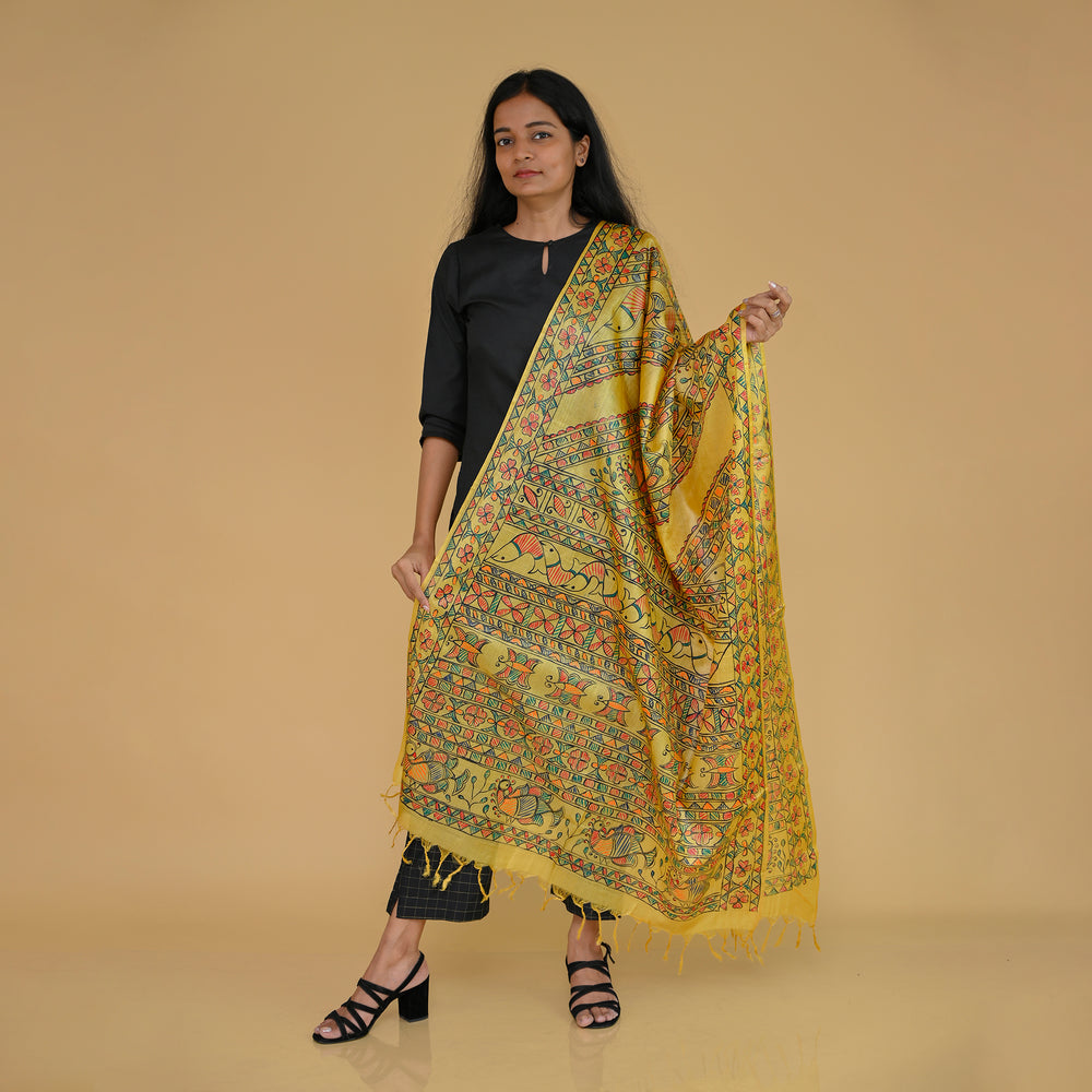 Yellow - Madhubani Handpainted Tussar Silk Dupatta