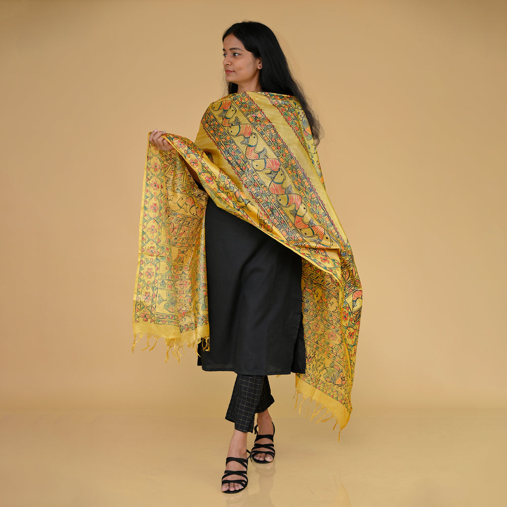 Yellow - Madhubani Handpainted Tussar Silk Dupatta