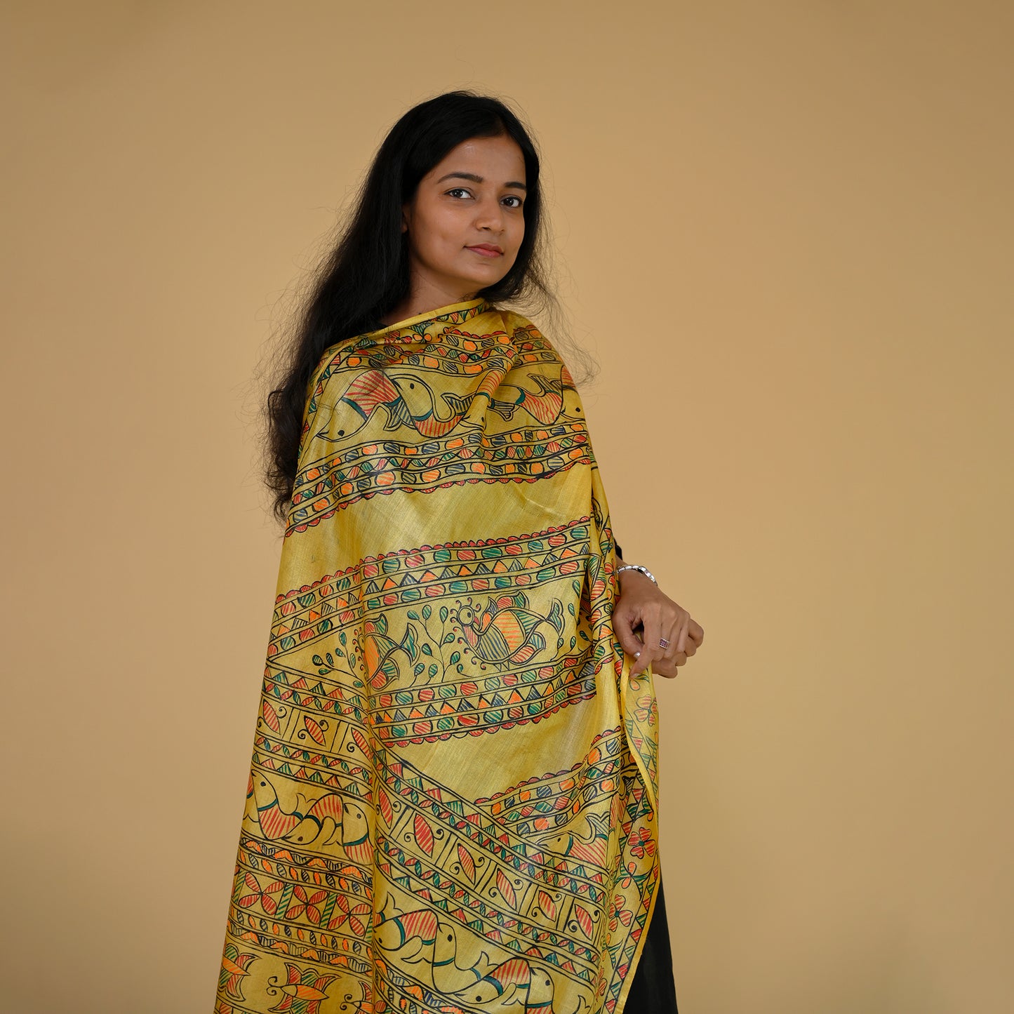 Yellow - Madhubani Handpainted Tussar Silk Dupatta
