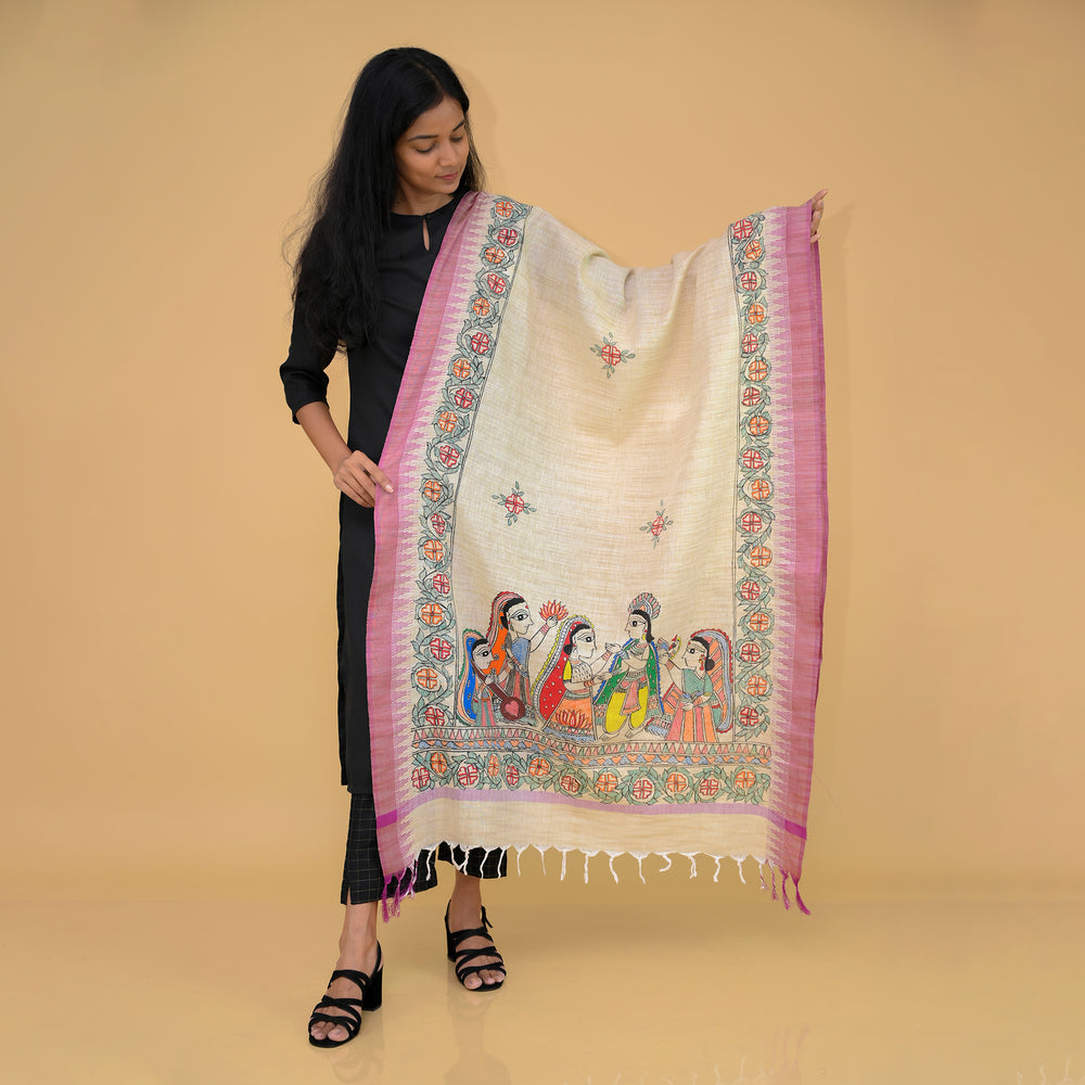 White - Madhubani Handpainted Gopiyan Cotton Dupatta