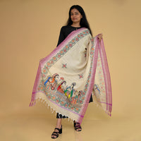 White - Madhubani Handpainted Gopiyan Cotton Dupatta