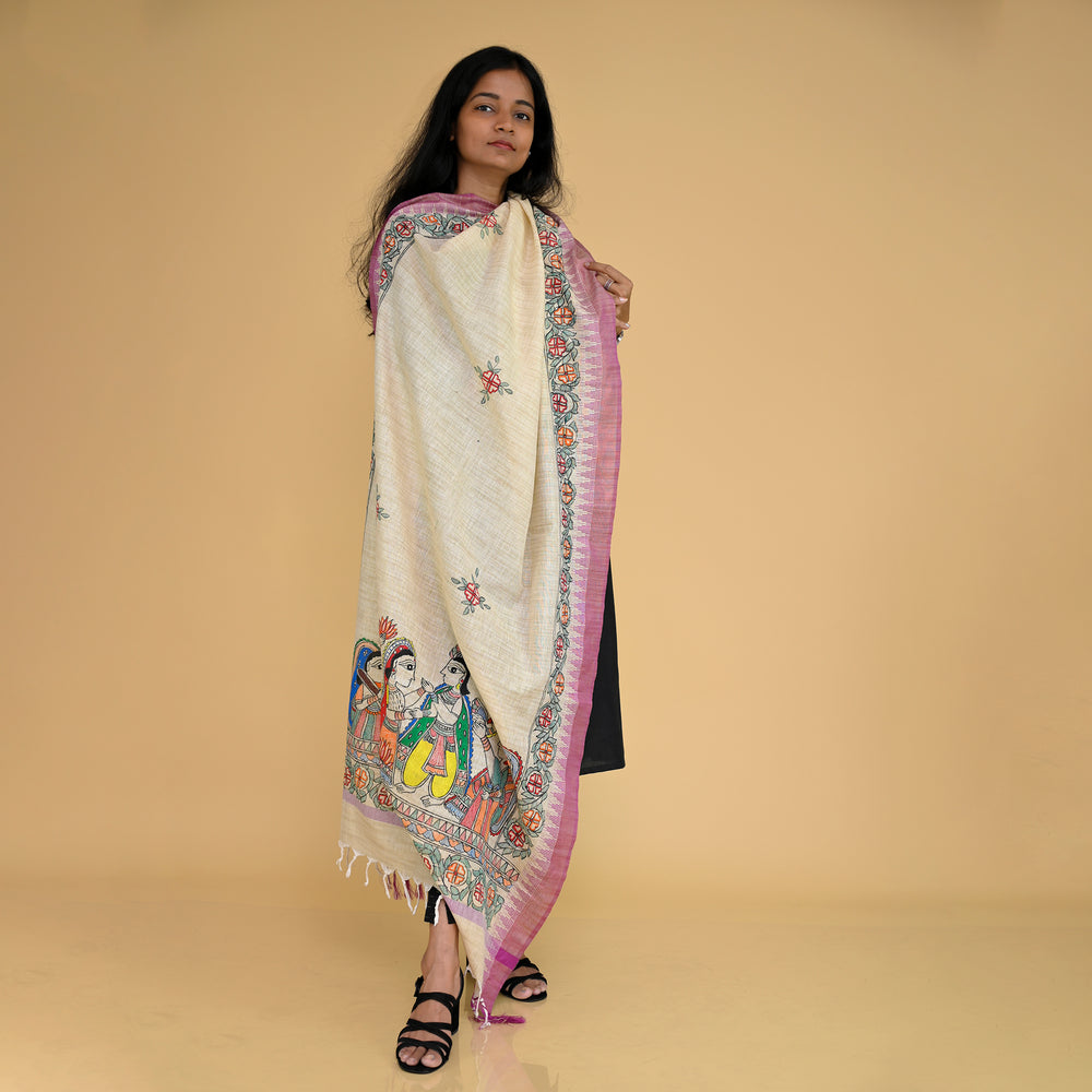 White - Madhubani Handpainted Gopiyan Cotton Dupatta