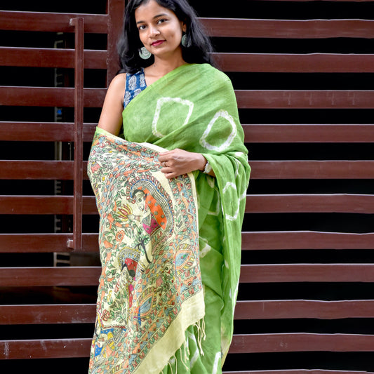 Madhubani Shibori Hand-Painted Linen Saree