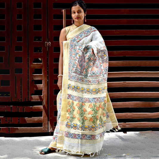 Madhubani Hand-Painted Linen Saree