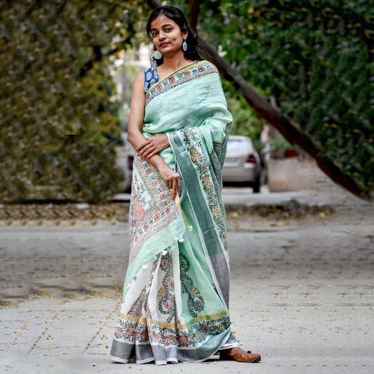 Madhubani Handpainted "Radha Krishn" Linen Saree