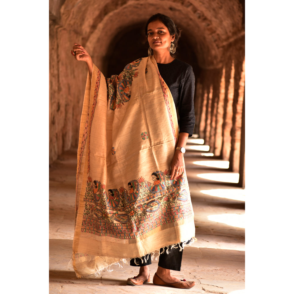 Beige - Diorama Designs Zari Border Tussar Silk Dupatta