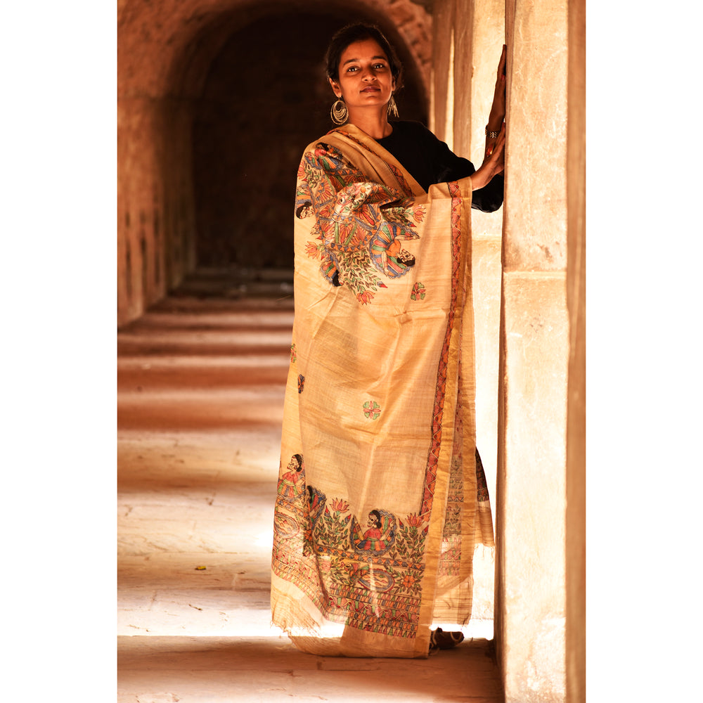 Beige - Diorama Designs Zari Border Tussar Silk Dupatta