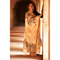 Beige - Diorama Designs Zari Border Tussar Silk Dupatta