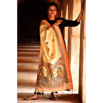 Beige - Madhubani Handpainted Cotton Garba Raas Dupatta