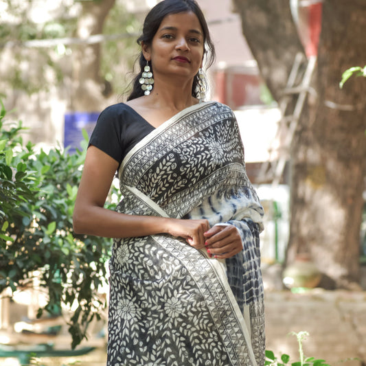 Madhubani Handpainted Floral Handapainted Linen Saree