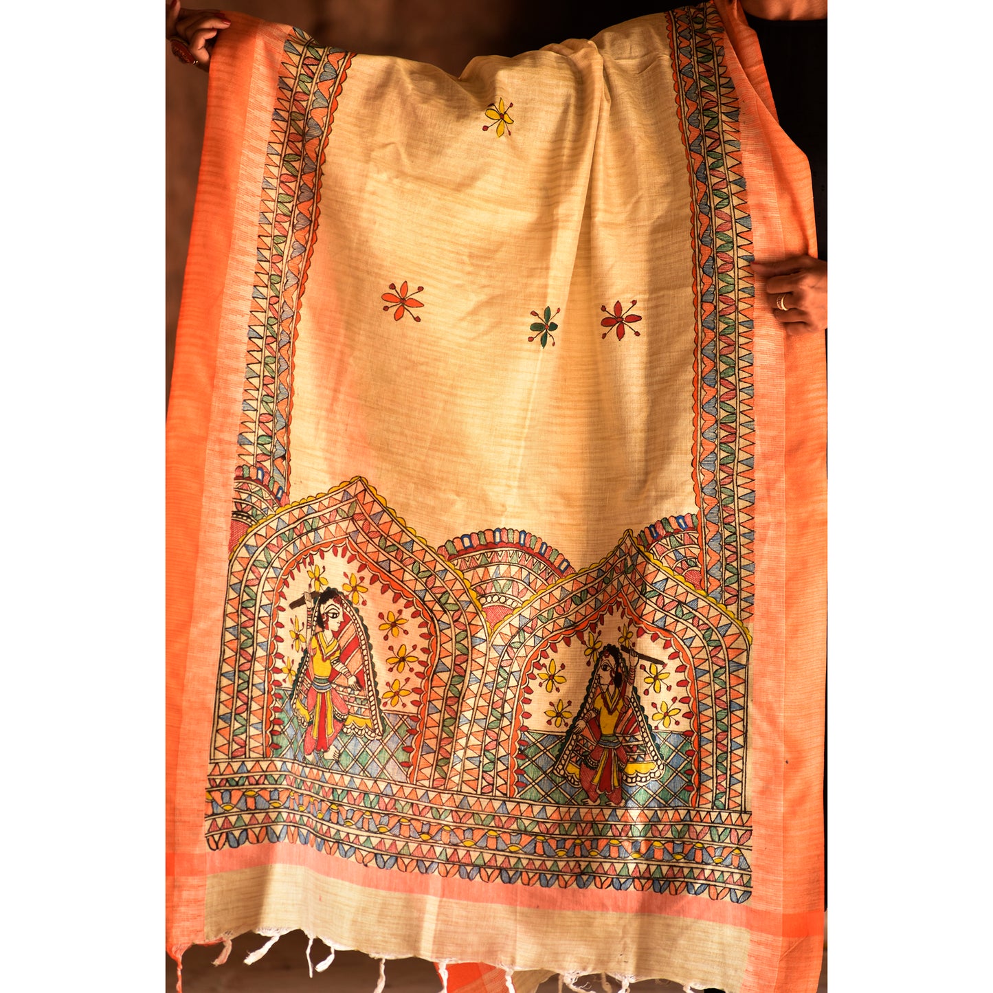 Beige - Madhubani Handpainted Cotton Garba Raas Dupatta