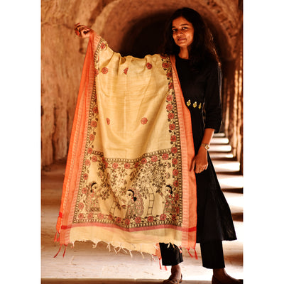 Yellow - Madhubani Handpainted Black-Red Cotton Dupatta