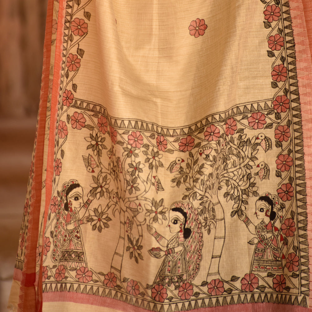 Yellow - Madhubani Handpainted Black-Red Cotton Dupatta