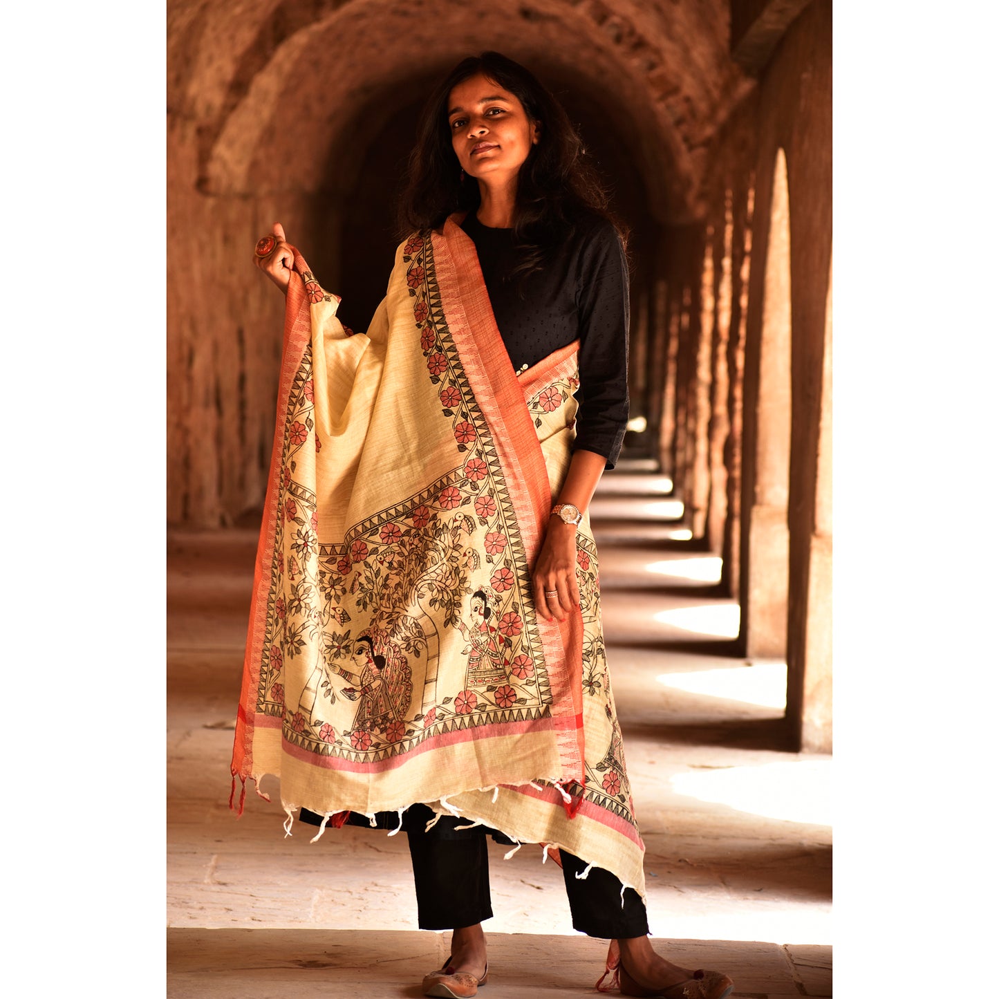 Yellow - Madhubani Handpainted Black-Red Cotton Dupatta