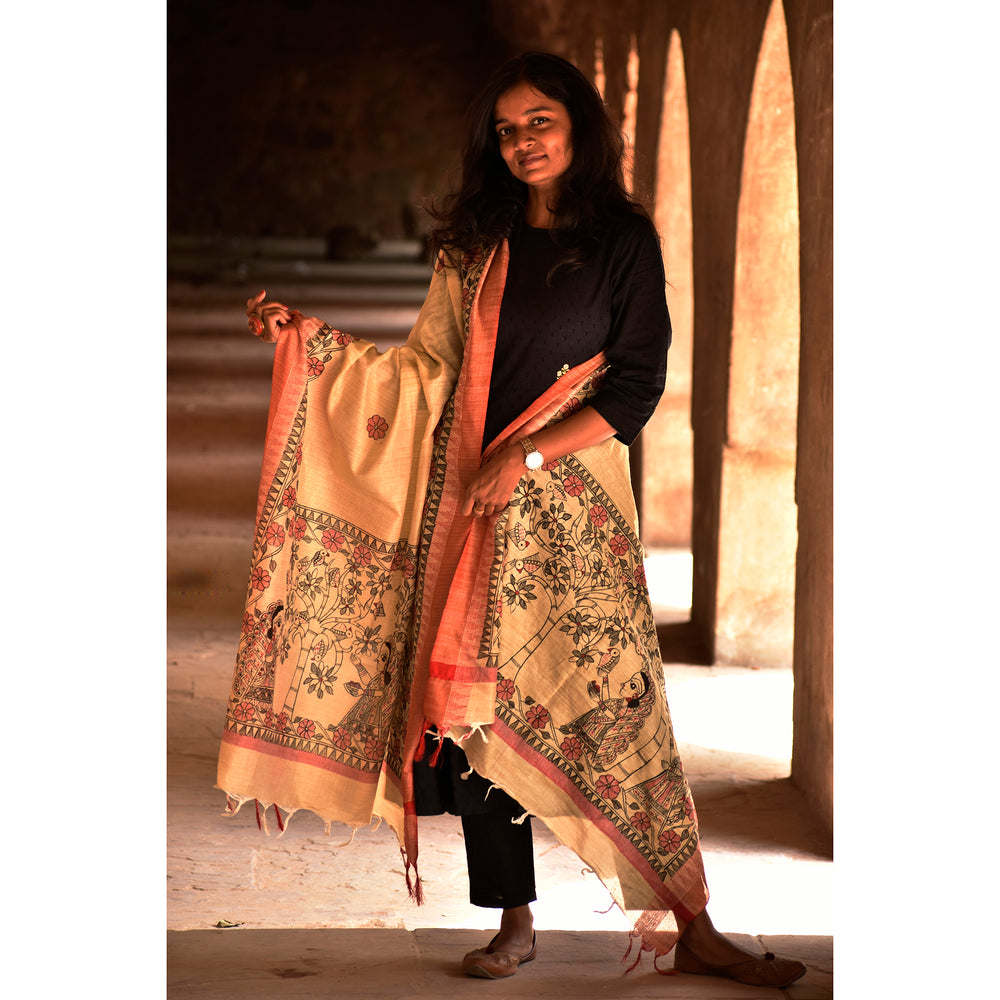 Yellow - Madhubani Handpainted Black-Red Cotton Dupatta