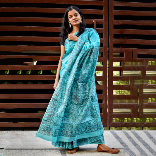 Madhubani Blue Tussar Silk Hand-Painted Saree
