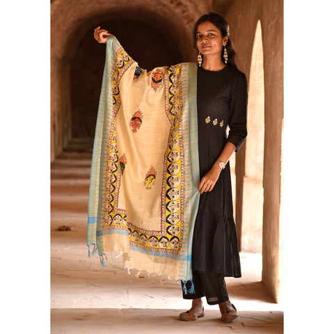 Yellow - Madhubani Hand-Painted Durga Face Cotton Dupatta