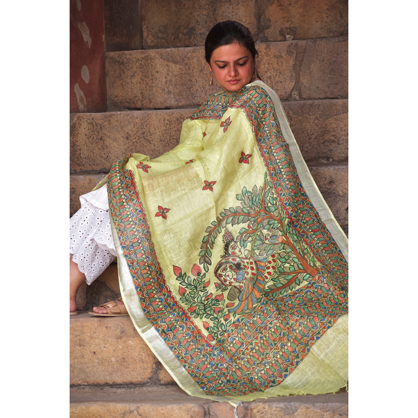 Yellow - Handpainted Madhubani Linen Radha Krishna Dupatta