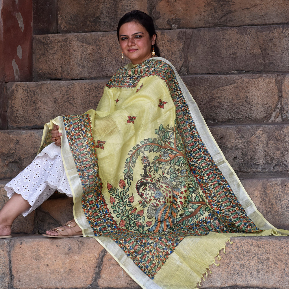 Yellow - Handpainted Madhubani Linen Radha Krishna Dupatta