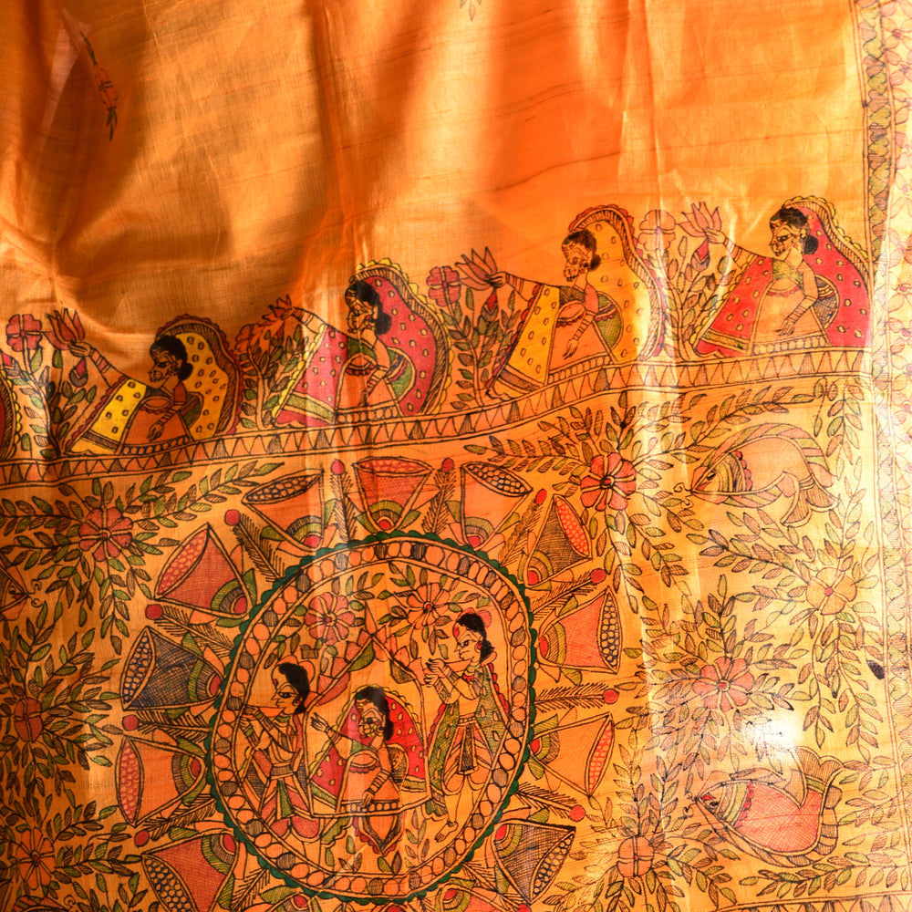 Orange - Madhubani Hand-Painted Tussar Silk Dupatta