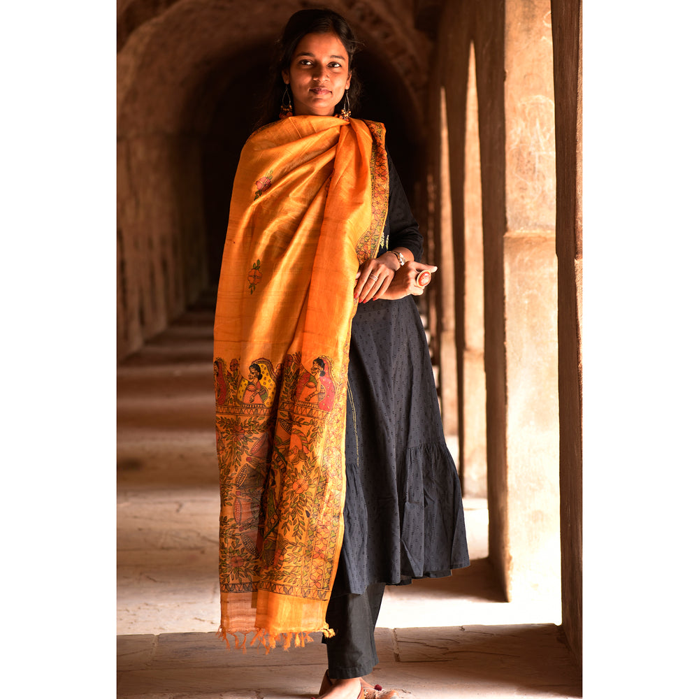 Orange - Madhubani Hand-Painted Tussar Silk Dupatta