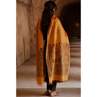 Orange - Madhubani Hand-Painted Tussar Silk Dupatta