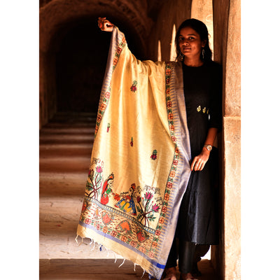 Beige - Madhubani Hand-Painted Radha Krishna Cotton Dupatta